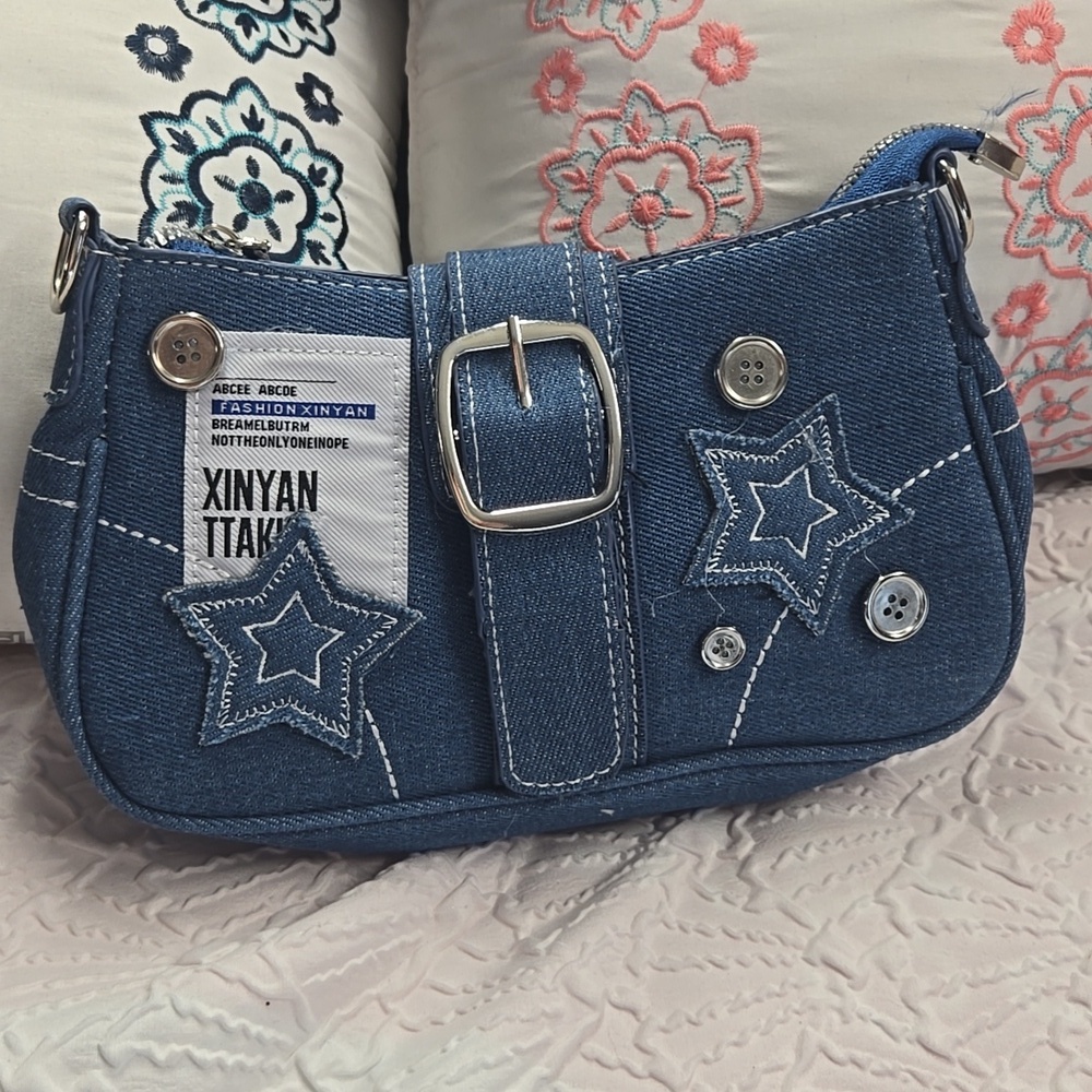 Xinyan Denim Star Embroidered Shoulder Bag - Blue NEW